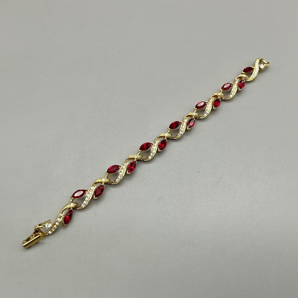 Bracelet Women Red Gold Tone Marquise Faux Ruby Crystal Tennis Link Jewelry